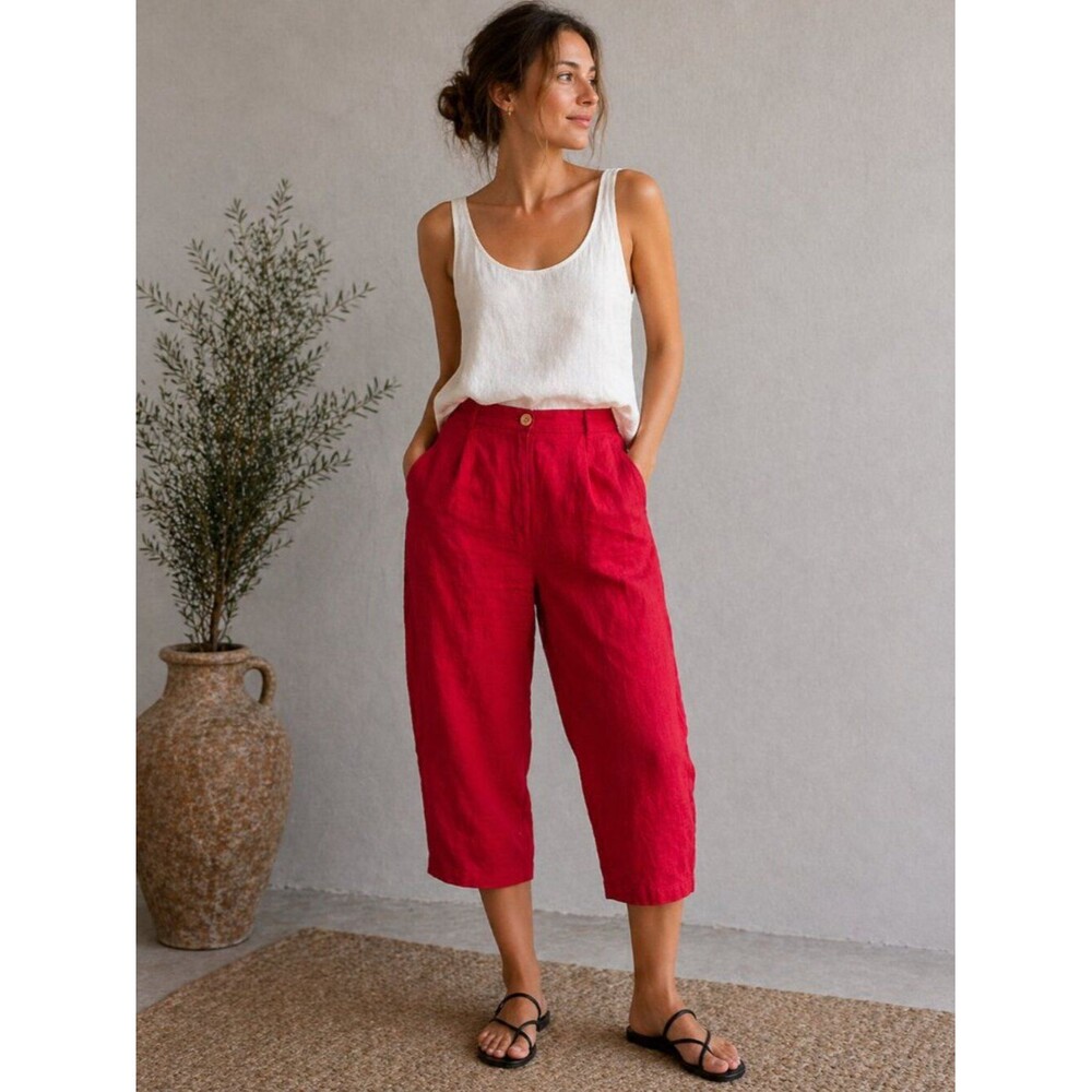 Jodhpur Galeries Lafayette 100% Red Linen Pants Women Size M EU40 High Waist